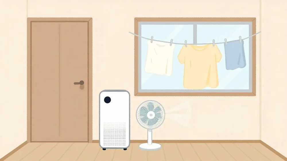 締め切った部屋で除湿機とサーキュレーターを併用する(イメージ画像)