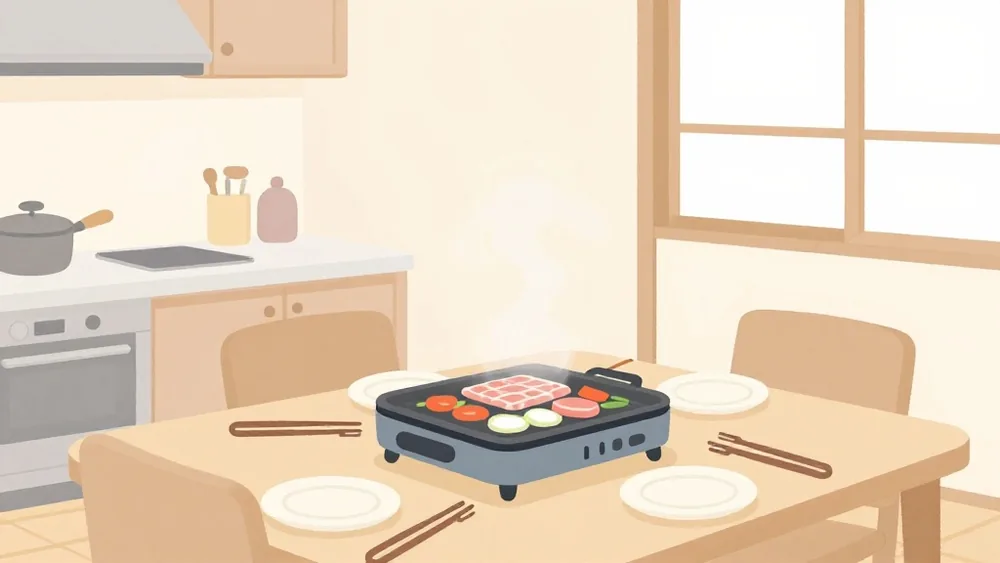 平面プレートのホットプレートは焼くのが得意。焼肉やお好み焼きを大人数で囲む人向き(イメージ画像)