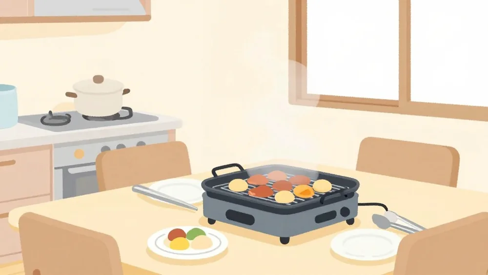 波型・平面プレートやたこ焼きプレートが付けば、焼肉・お好み焼き・たこ焼きまで。3枚プレートなら1台で兼用できる(イメージ画像)