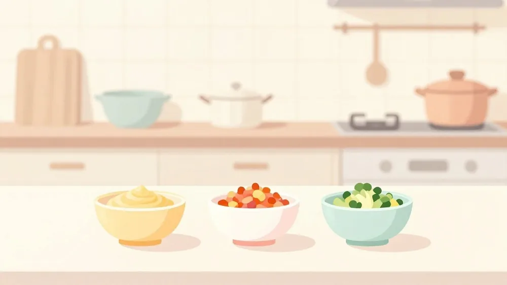 離乳食は時期でかたさが変わる。初期はなめらかなペースト、中期は粗つぶし、後期はみじん切りへと段階的に（イメージ画像）