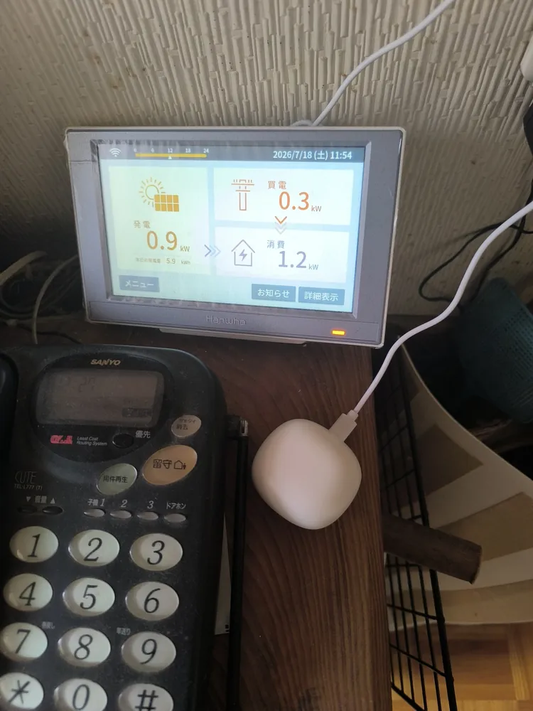 つけた後(11時54分)。消費が1.2kWへ。売電0.4kWから一転して、0.3kWを買う側になりました