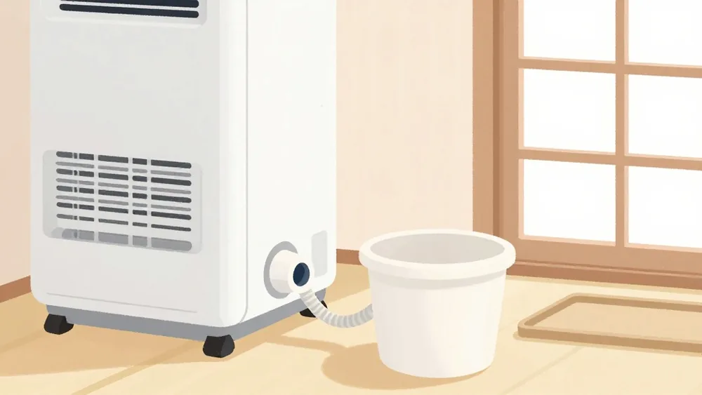 下部の排水口から容器で受けるか、ドレンホースをつないで連続排水にするかの2択(イメージ画像)
